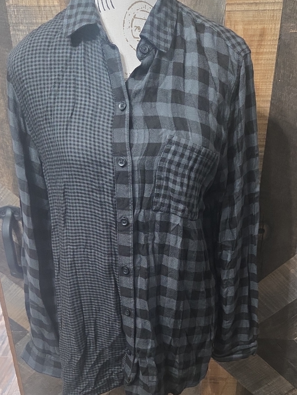 beachlunchlounge Black and Charcoal Check Patch-Pocket Button Down Shirt